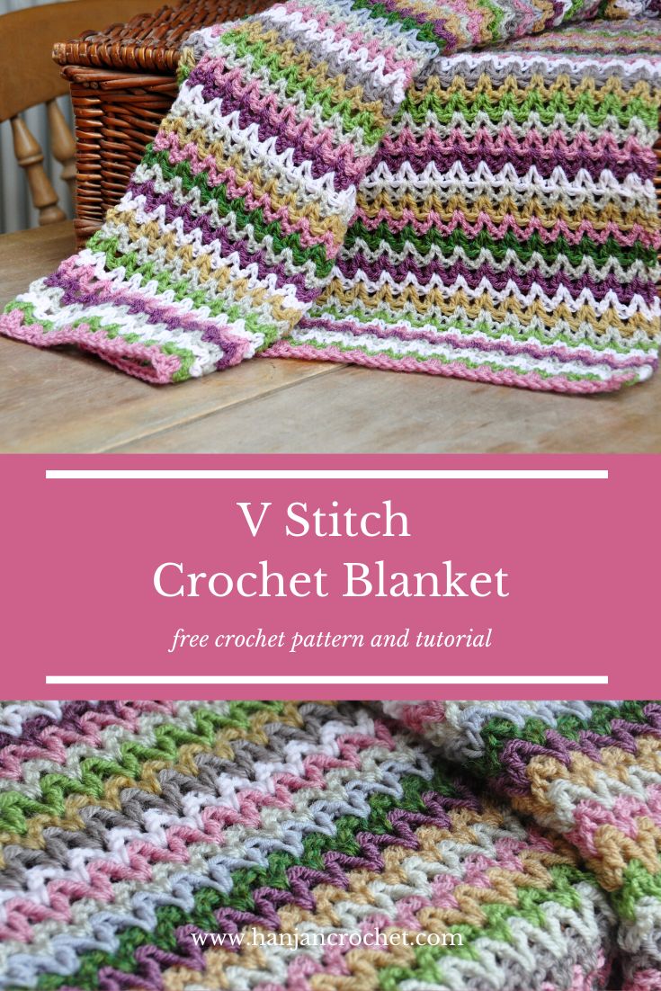 a crochet blanket is shown with the text, v stitch crochet blanket free crochet pattern and video