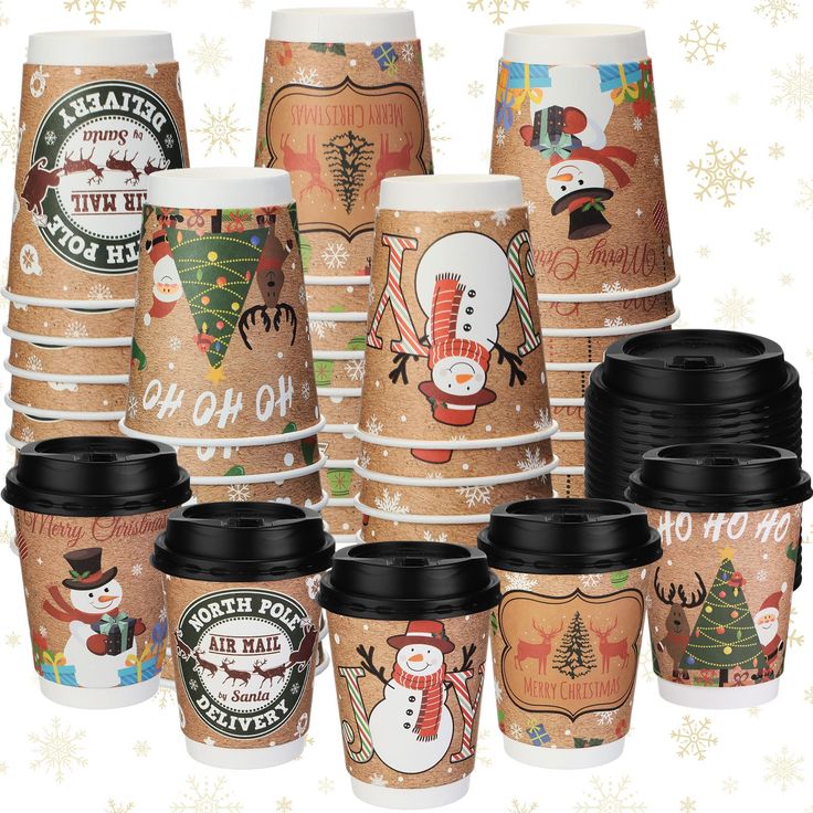 coffee cups with holiday themed designs on them