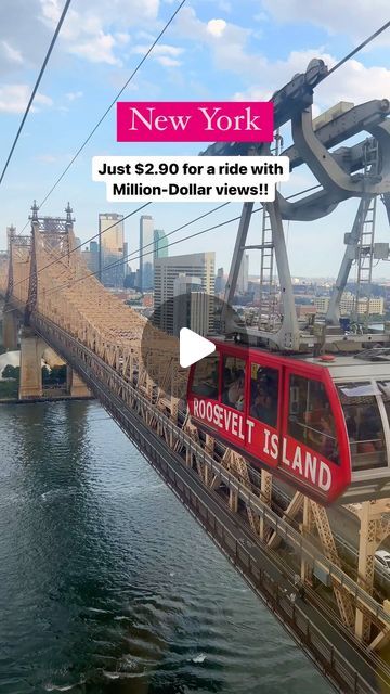 a red cable car going over a bridge with the words roosevelt island on it's side