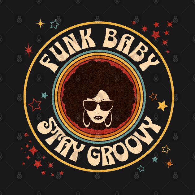 the funky baby stay grooy logo with an afro woman's head and sunglasses