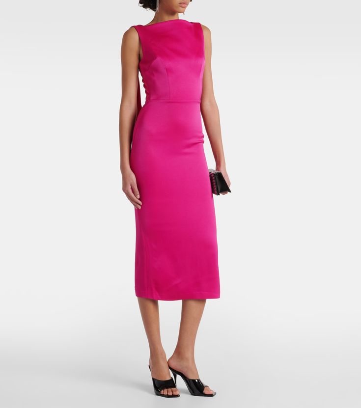 Draped satin crêpe midi dress in pink - Alex Perry | Mytheresa Pink Satin Midi Dress For Gala, Pink Satin Midi Dress For Evening, Pink Satin Midi Dress For Dinner, Formal Pink Satin Midi Dress, Elegant Summer Crepe Midi Dress, Chic Satin Maxi Dress For Work, Pink Silk Midi Dress For Dinner, Elegant Pink Knee-length Satin Dress, Pink Knee-length Elegant Satin Dress