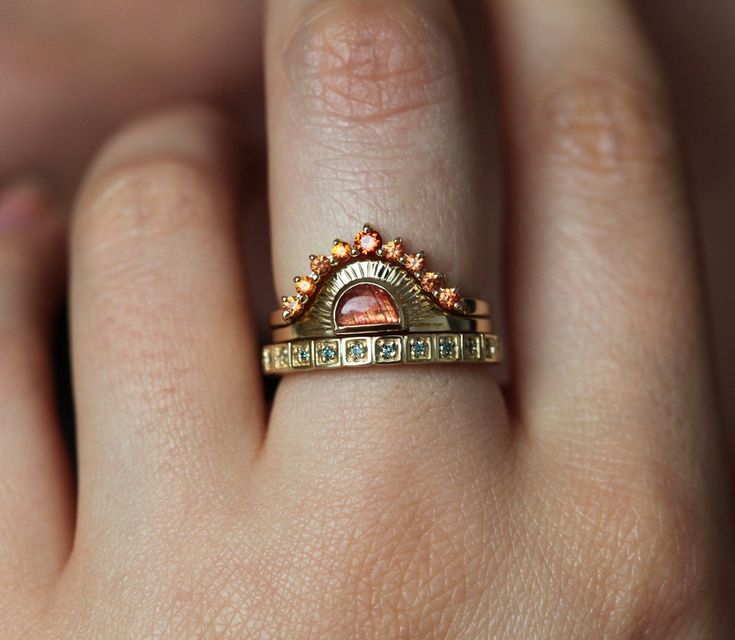 Sunset Ring, Bohemian Style Rings, Boho Engagement Ring, Gold Sunset, Sunstone Ring, Diamond Ring Settings, Sapphire Diamond Ring, Ring Style, Matching Band