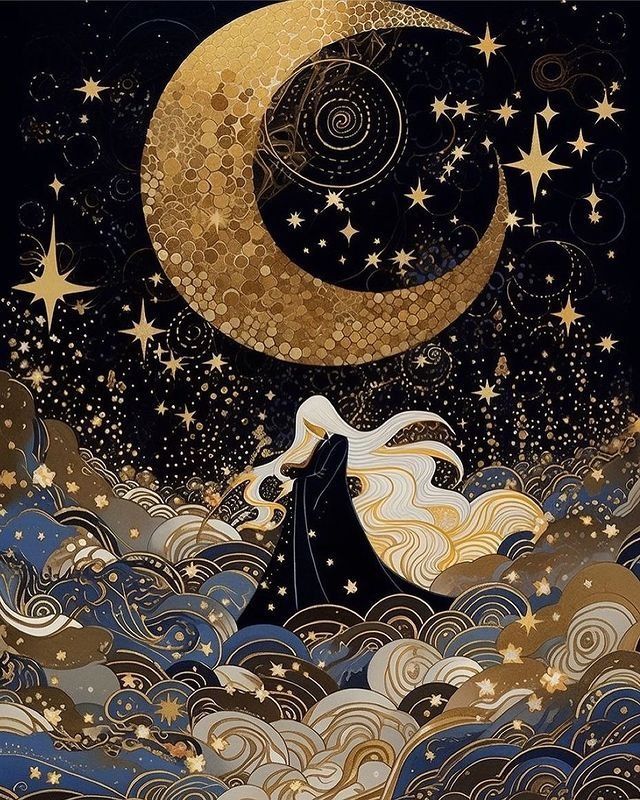 a woman standing on top of a cloud covered hillside under a moon and stars filled sky