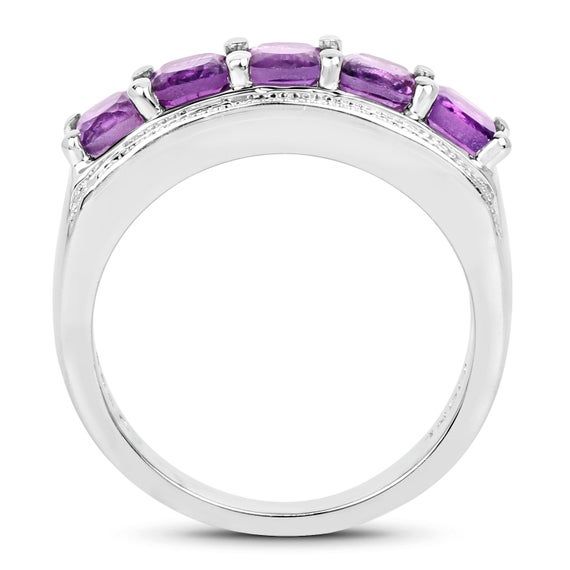 Amethyst Ring, 5 Stone Amethyst Cushion Silver Ring, Natural Amethyst Ring for Women, February Birthstone RingTwinkling African amethyst stones make this five-stone ring stand out from the rest! Five cushion-cut amethyst stones are inlaid into a band crafted from .925 sterling silver with rhodium plating. The sparkling stones have a total gem weight of 1.40 carats. The understated design and vibrant stones make this ring perfect for every occasion.twinkling african amethyst stones make this five Fine Jewelry Purple Amethyst Stackable Rings, Amethyst Ring With Accent Stones In Round Band, Amethyst Rings With Accent Stones And Round Band, Amethyst Rings With Accent Stones, Purple Diamond Ring With Gemstone Accents For Anniversary, Purple Gemstone Stackable Rings Fine Jewelry, Purple Amethyst Birthstone Ring With Round Band, Purple Amethyst Ring With Center Stone And Round Band, Purple Amethyst Birthstone Ring