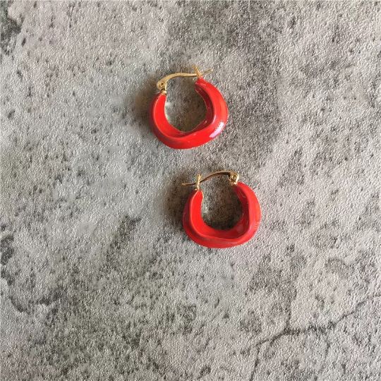 [MATERIAL]: Brass with enamel. [HOOP SIZE]: 20mm or 0.78" Trendy Enamel Earrings For Everyday, Red Small Hoop Earrings For Everyday, Small Red Hoop Earrings For Everyday Wear, Trendy Red Hoop Earrings For Everyday, Red Enamel Trendy Earrings, Trendy Red Enamel Earrings, Trendy Small Hoop Red Earrings, Trendy Red Hoop Earrings, Trendy Round Enamel Hoop Earrings