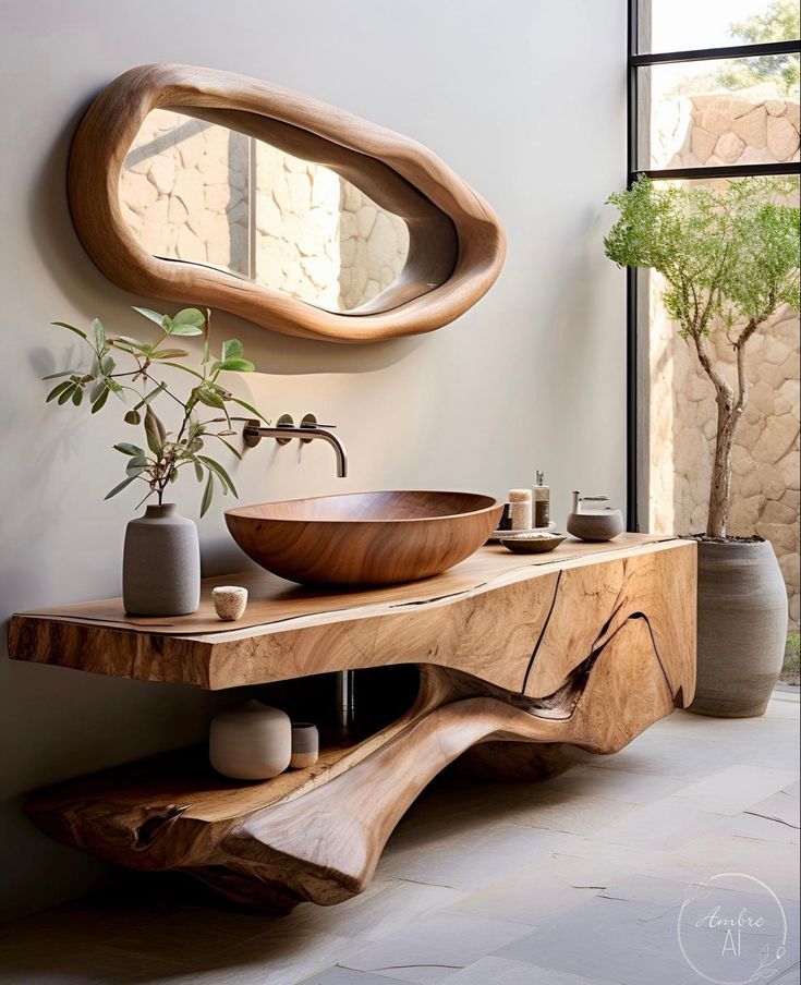 a bathroom with a wooden sink and mirror