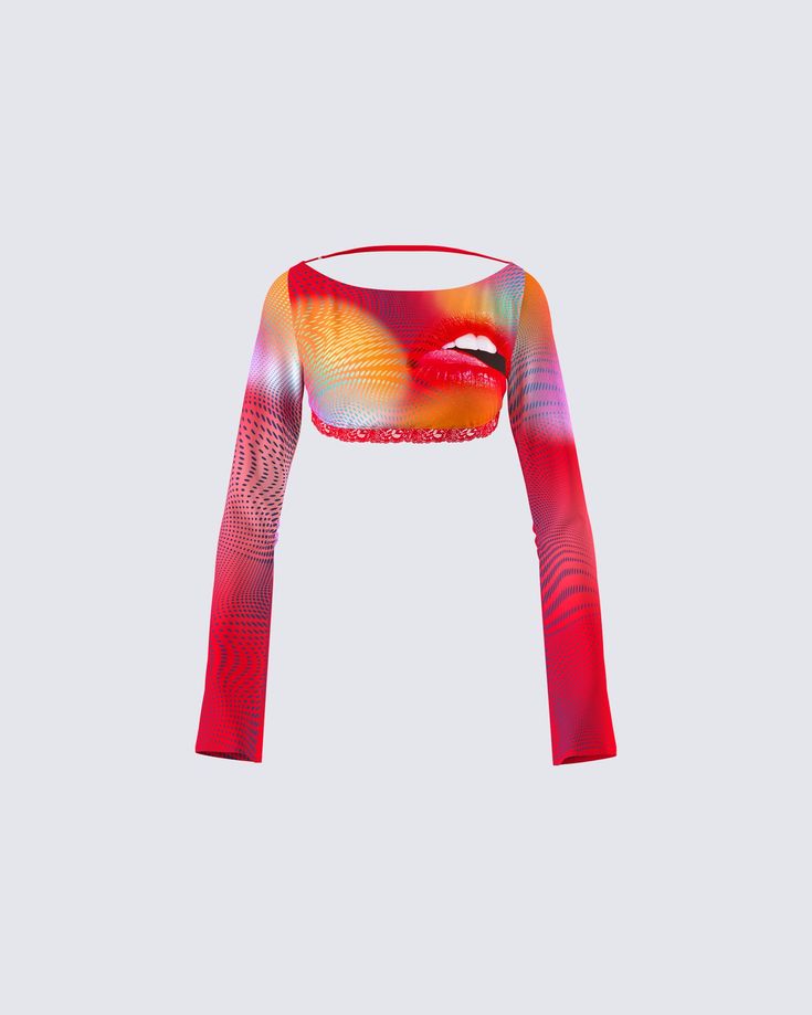 For the baddies that like to stand out 👀 Being the center of attention is an understatement in this abstract print top. You're hot... you know it, they know it 😘 Fitted Long Sleeve Crop Top With Graphic Print, Red Stretch Top With Graphic Print, Red Stretch Tops With Graphic Print, Spring Graphic Print Fitted Crop Top, Stretch Printed Crop Tops, Trendy Fitted Tops With All Over Print, Trendy Fitted Crop Top With Graphic Print, Bold Graphic Print Long Sleeve Tops, Bold Long Sleeve Tops With Graphic Print