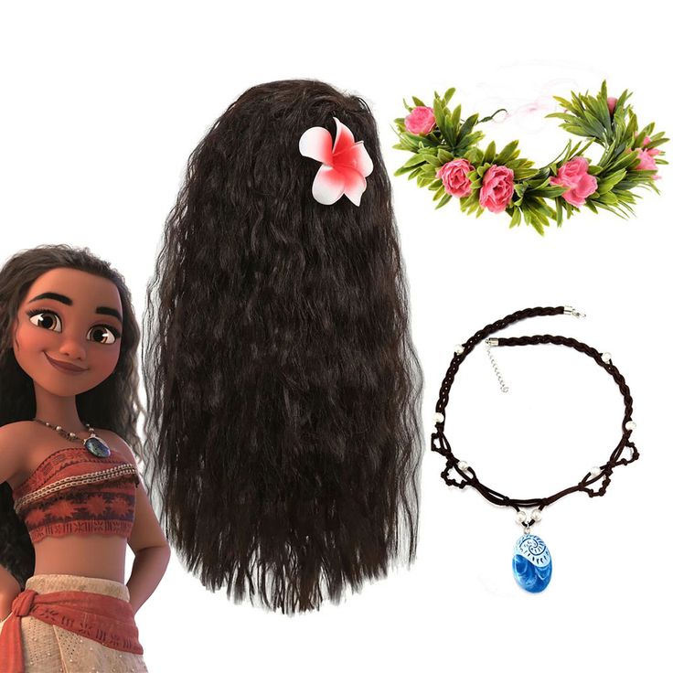 a doll with long hair and necklaces next to it's headband, earrings and bracelet