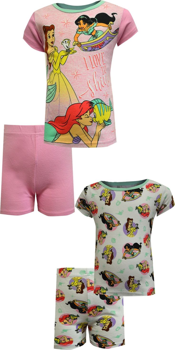 Sure to please any Disney Princess fan, these cotton shortie pajamas for girls feature Disney Princess favorites Ariel, Belle, and Jasmine. There are 2 sets included. One pair has solid pink shorts, while the other is an all over printed set. These jammies are 100% cotton to comply with safety regulations. Pajamas For Girls, Disney Pajamas, Cute Pajamas, Mom Kid, Cotton Pyjamas, Girls Pajamas, Disney Princesses, Pink Shorts, To Shine