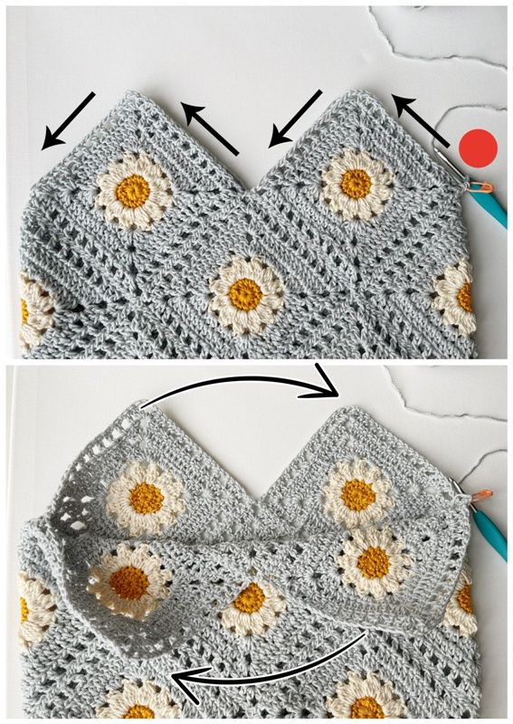 crocheted dishcloth with yellow and white flowers is shown in two different views