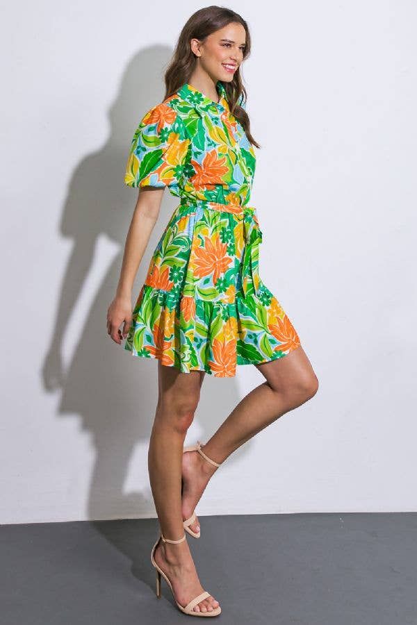 This printed mini dress is perfect for spring with vibrant green, yellow, orange, and light blue hues. The fit and flare design compliments all body shapes for a flattering look. Spruce up your wardrobe with this must-have dress. Details: Fit: true to size Material-100% polyester Dress Style-Fit and Flare (with a removable belt) Care-Machine wash delicate and hang dry Orange And Light Blue, Dress Bar, Polyester Dress, Vibrant Green, Printed Mini Dress, Blue Hues, Yellow Orange, Dress Details, Green Yellow