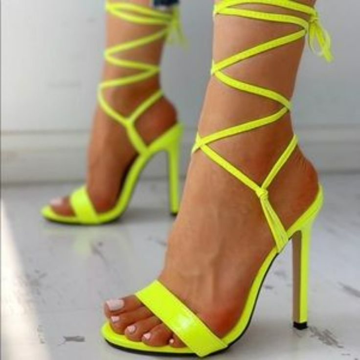 New Never Worn The Steve Madden Level Lime Leather Lace-Up High Heel Sandals Will Brighten Up All Your Favorite Party Dresses! Vivid Lime Green Genuine Leather Forms A Slender Toe-Strap And A Knotted, Slingback Strap That Carries Into Long Laces That Wrap And Tie Above The Ankle. 4.25" Wrapped Stiletto Heel. Cushioned Insole. Rubber Sole Has Nonskid Markings. Genuine Nubuck Leather Upper Yellow Party Sandals With 4-inch Heel, Yellow Pointed Toe Sandals For Spring, Spring Yellow Pointed Toe Sandals, Yellow Open Toe Heels For Party, Yellow Open Heel Party Shoes, Yellow Open Heel Party Heels, Yellow Pointed Toe Sandals With Padded Heel, Yellow Sandals With Padded Heel And Pointed Toe, Yellow Heels With Heel Strap For Summer