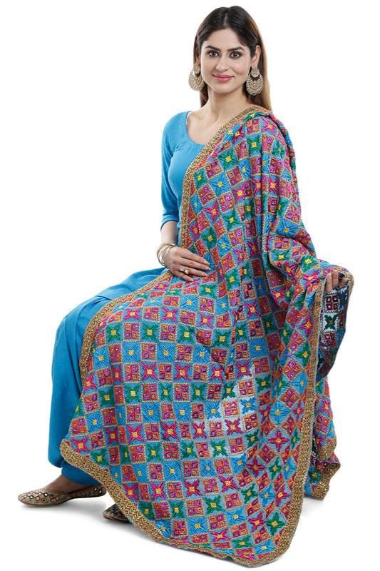 Enhance your traditional look with our Designer Phulkari Dupatta. This beautiful dupatta chunni is crafted in Chinon silk fabric with all-over heavy Phulkari embroidery and makes the perfect accessory for special occasions such as weddings, receptions and sangeet. Chinon Silk All over multicolor phulkari embroidery, sequins, gold border lace Size: 2.25 meter Dry clean Dispatched in 1-3 business days Luxury Meenakari Dupatta For Eid, Blue Kurta With Dupatta In Traditional Drape, Blue Traditional Drape Kurta With Dupatta, Blue Traditional Wear Straight Kurta With Dupatta, Blue Traditional Wear With Dupatta Straight Kurta, Blue Chanderi Kurta With Dupatta, Blue Art Silk Kurta With Dupatta, Traditional Blue Sharara With Dupatta, Blue Sharara With Dupatta In Traditional Drape