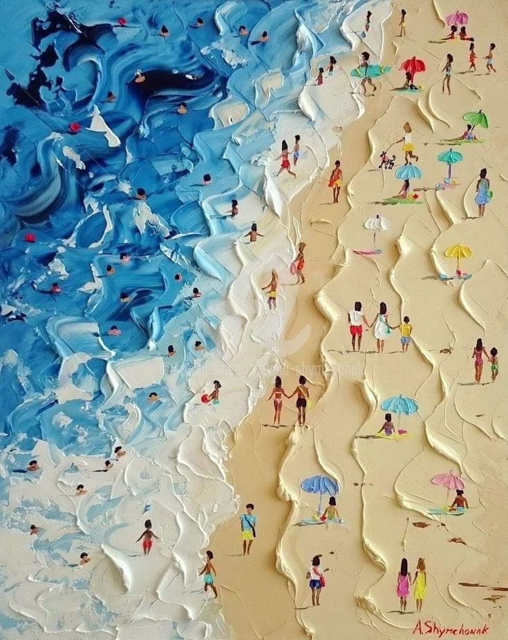 a painting of people on the beach with blue and white waves in the background,