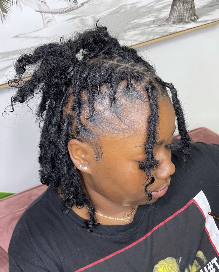 Hair Styles For Dreads Short, Beginning Locs Hairstyles For Women, Lic Styles Women, Cute Styles For Locs For Women, Coil Locs Style, Short Short Locs Hairstyles, Barrel Twist Locs Women Ponytail, Loc Styles On Short Hair For Women, Dreads Locs Styles For Women