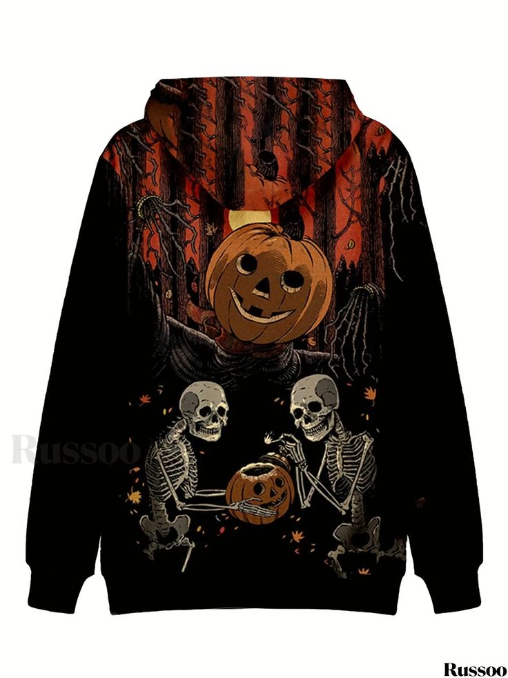 Russoo - Mens Halloween Skull Pumpkin Print Long Sleeve Pocket Hoodie: Fashionable Casual Sportswear Halloween Black Outerwear With Skull Print, Halloween Black Skull Print Outerwear, Winter Skull Print Hoodie Outerwear, Halloween Long Sleeve Outerwear With Skull Print, Black Halloween Outerwear With Drawstring Hood, Black Outerwear With Drawstring Hood For Halloween, Halloween Skull Sweatshirt For Streetwear, Halloween Skull Sweatshirt Streetwear, Halloween Skull Print Sweatshirt For Streetwear