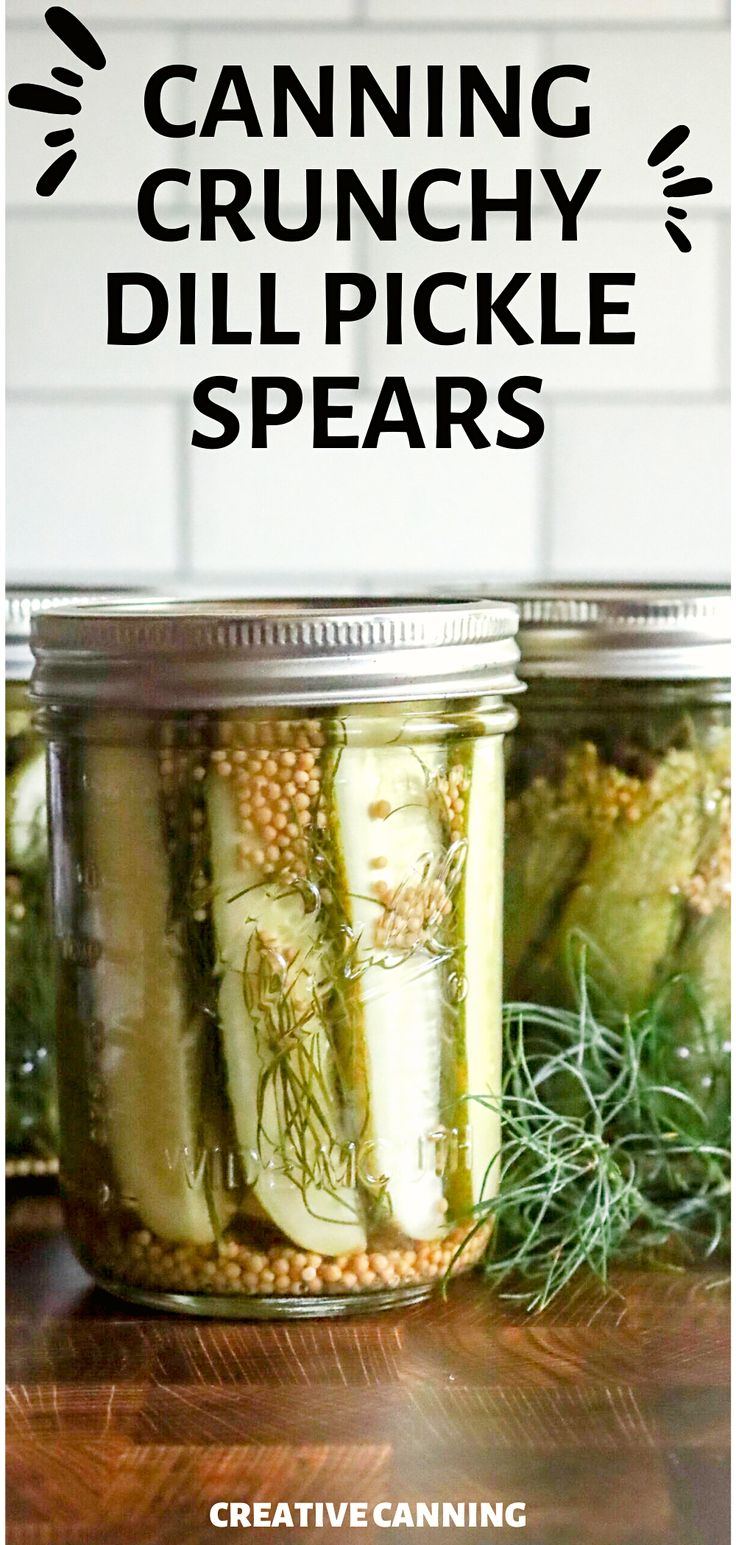 canning crunchy dill pickle spears in mason jars with text overlay that reads canning crunchy dill pickle spears