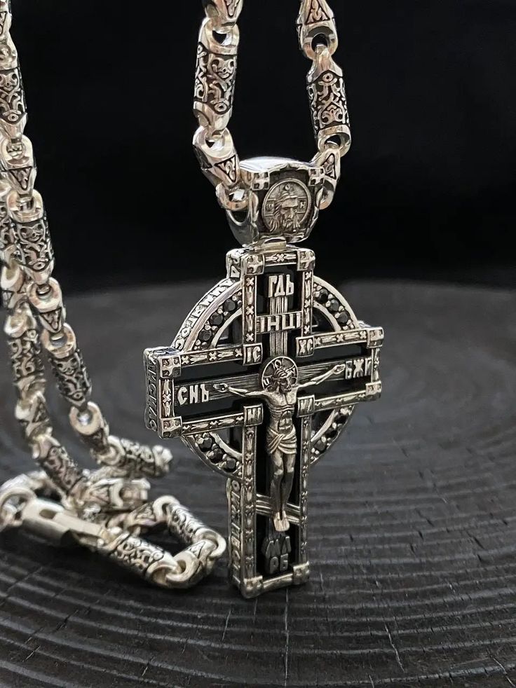 Silver Gothic Box Chain Jewelry, Silver Hallmarked Cross Necklace, Hallmarked Silver Cross Necklace, Black Crucifix Necklace Engraved, Luxury Black Cross Pendant Necklace, Black Engraved Crucifix Necklace, Silver Polished Cross Jewelry, Luxury Silver Cross Jewelry, Black Engraved Cross Pendant Necklace