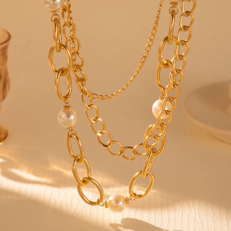 Material: Imitation pearl Color: Gold Fashion Element: Chain Style: Europe and America Direct Marketing, Necklace Fashion, Faux Pearl Necklace, Jewelry Wholesale, Pearl Color, Gold Fashion, Wholesale Jewelry, Chain Styles, Multi Layering