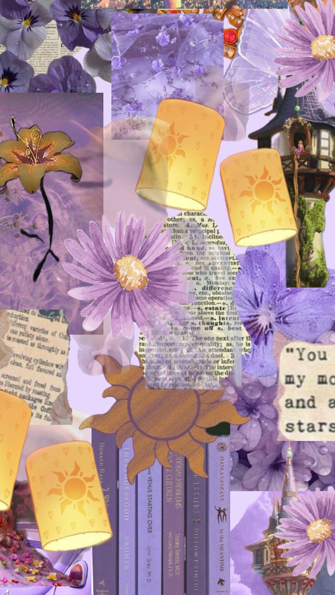 a collage of purple flowers and paper lanterns