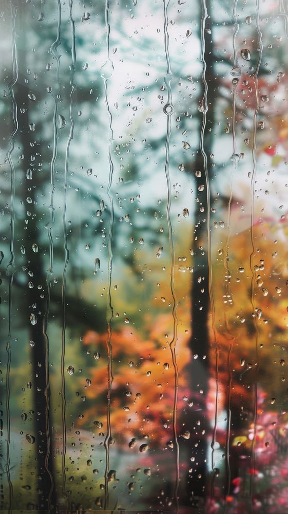 rain drops on the window glass with trees in the back ground and colorful foliage behind it