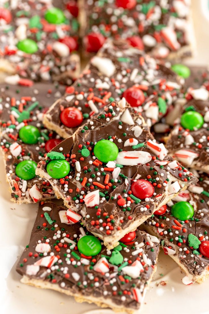 christmas candy barkies on a plate with sprinkles