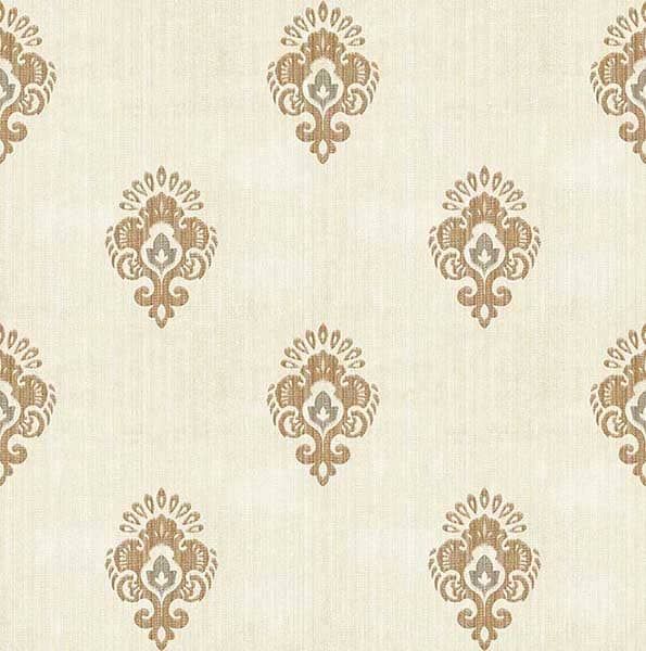 a white and gold wallpaper with an ornate design