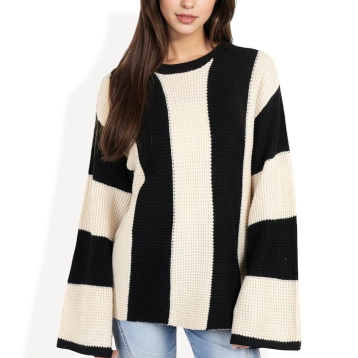 This Anna-Kaci Women's Striped Long Sleeve Sweater features a bold striped design and a unique waffle knit pattern that adds texture and dimension to your look. The relaxed fit and bell sleeves provide a modern touch, making it perfect for casual wear or a chic outfit upgrade. Crafted from a soft, plush fabric, it offers warmth and comfort, ideal for layering over your favorite basics. Pair it with jeans or leggings for an effortlessly stylish look that transitions easily from day to night. Outfit Upgrade, Pink Crewneck Sweatshirt, Cable Knit Turtleneck Sweater, Waffle Knit Sweater, Cozy Pullover, Long Sleeve Knit Sweaters, Plush Fabric, Knit Sleeve, Chic Outfit