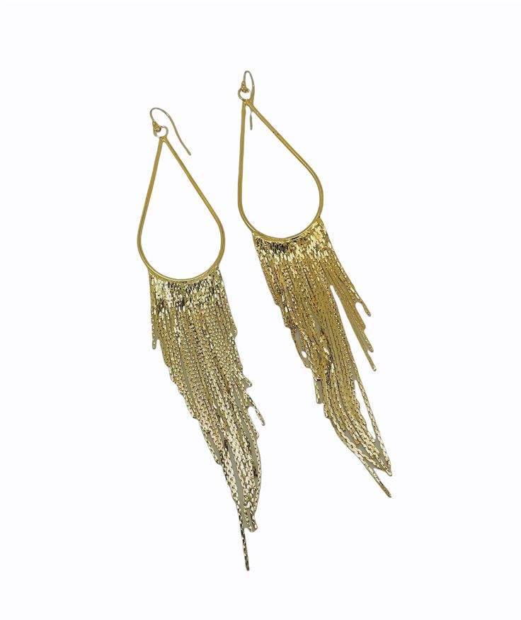 These long gold tassel earrings are lightweight, long, and chic. They shimmer, shine, and are perfect for day or night. A boho-chic pair of earrings for women.- gold or silver your choice.- 14k gold-filled or sterling silver ear wires your choice.- drop length of the earring is 5-7/8 inches {145mm}. - Your jewelry will come packaged for gift giving. Trendy Gold Fringe Earrings, Trendy Gold Tassel Earrings With Fringe, Elegant Fringe Metal Chandelier Earrings, Gold Metal Jewelry With Tassels, Gold Metal Tassel Jewelry, Elegant Metal Fringe Jewelry, Gold Metal Fringe Tassel Earrings, Metal Fringe Dangle Earrings, Fringe Dangle Metal Earrings