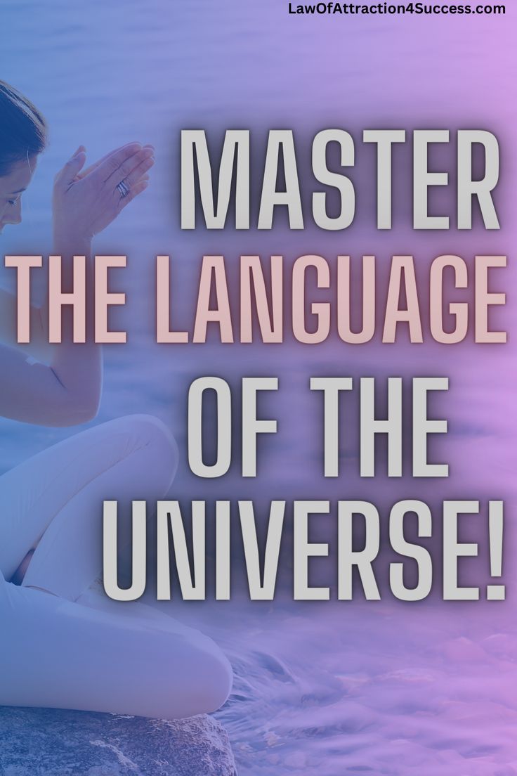 a woman sitting on top of a body of water with the words master the language of the universe