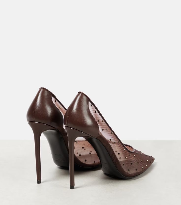 Anja 105 embellished mesh pumps in brown - Saint Laurent | Mytheresa Rhinestone Pumps, Designer Pumps, Brown Trim, Saint Laurent Shoes, Evening Shoes, Pointed Toe Shoes, Deep Brown, Vintage Handbags, High Heel Pumps