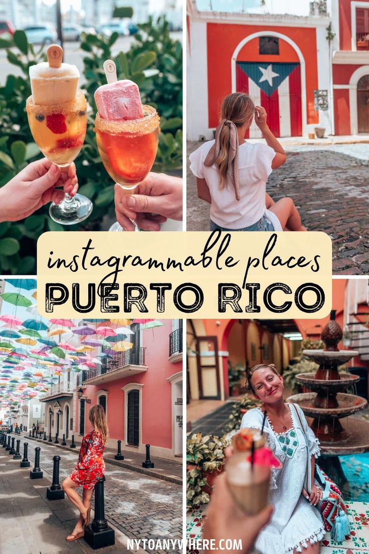 several photos with the words, instagramable places puerto rico on them and images of people