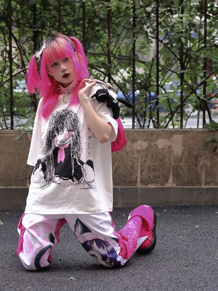 Attention: This price includes a T-shirt only, others are not included.   	 		 			Size 			S 			M 			L 		 		 			Bust 			68 			69 			71 		 		 			Full Length 			108 			112 			116 Character Print T-shirt For Spring Streetwear, Pink Harajuku T-shirt With Graphic Design, Harajuku Short Sleeve Graphic Tops, Harajuku Style Short Sleeve Graphic Tops, Harajuku Style Graphic Short Sleeve Tops, Kawaii White Tops For Streetwear, Kawaii Graphic Tops For Streetwear, Harajuku Style Screen Print Tops For Spring, Kawaii Summer Streetwear T-shirt