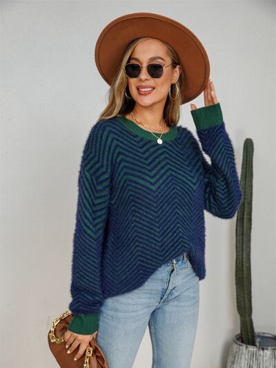 Stay warm and stylish in our Striped Round Neck Dropped Shoulder Sweater. Featuring a unique two tone design, this sweater will keep you looking cool and feeling cozy. Perfect for any casual or dressed up occasion. Features: Basic style Stretch: Moderate stretch Material composition: 50% acrylic, 50% polyester Care instructions: Machine wash cold. Tumble dry low. Imported Product measurements:S:Bust 40.94 in, Sleeve Length 20.87 in, Top Length 24.41 inM:Bust 42.52 in, Sleeve Length 21.26 in, Top Contrast Layering Sweater For Fall, Contrast Sweater For Fall Layering, Trendy Green Fall Sweater, Trendy Long Sleeve Sweater With Contrast Color, Casual Long Sleeve Sweater With Contrast Colors, Trendy Contrast Color Sweater For Fall, Trendy Fall Sweater With Contrast Color, Winter Crew Neck Sweater With Contrast Color, Trendy Green Soft Knit Sweater