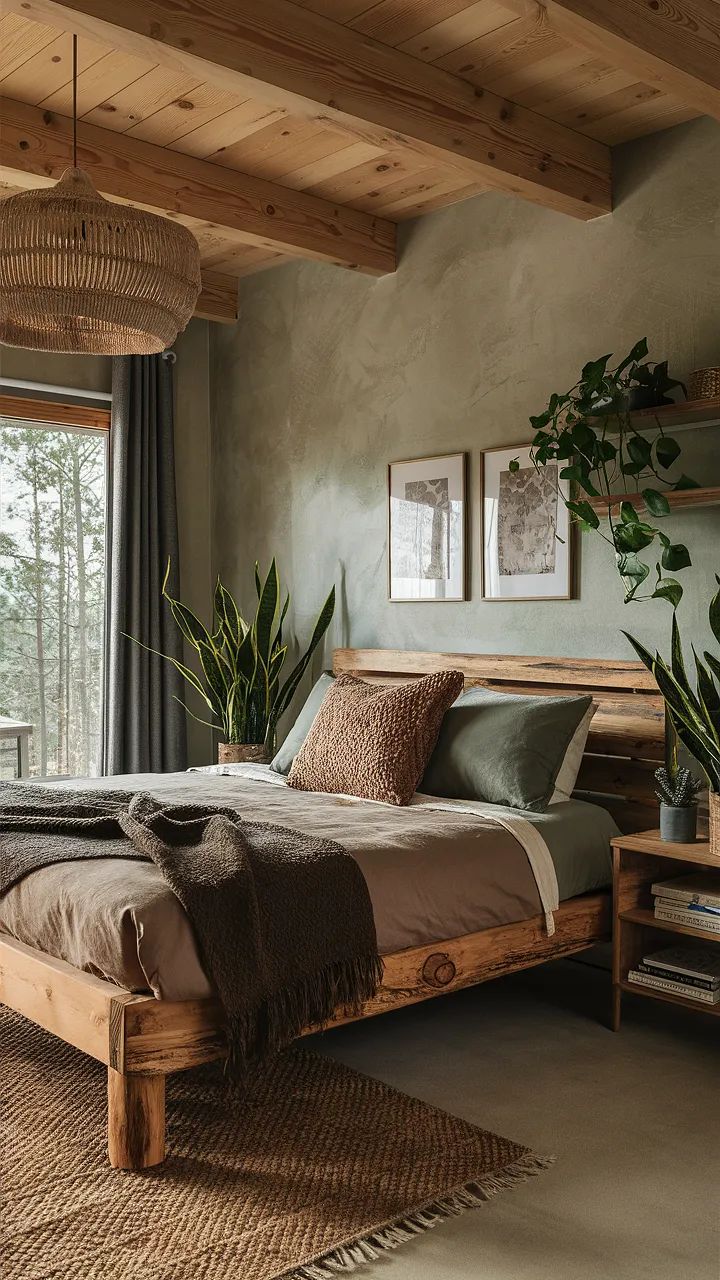 a bed sitting in a bedroom next to a window with plants on top of it