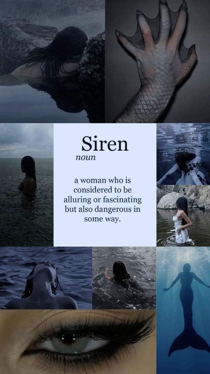 there is a collage of different images with the words siren on it and an image of a woman swimming in water