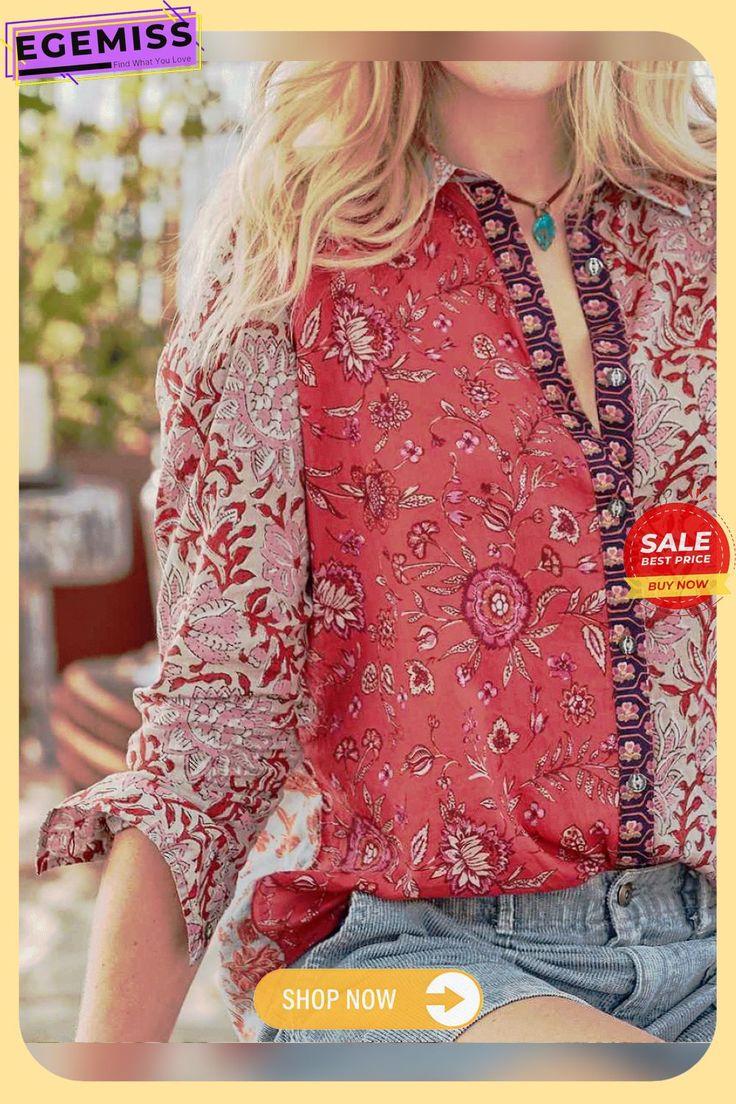 Shirt Collar Floral Loose Long Sleeve Blouse Red Bohemian Shirt For Spring, Bohemian Printed Button-up Top, Bohemian V-neck Shirt With Floral Print, Bohemian Red Button-up Top, Fall Printed Split Neck Blouse, Summer Split Neck Pink Blouse, Summer Boho Print Long Sleeve Blouse, Bohemian Pink Shirt For Spring, Spring Bohemian Pink Shirt