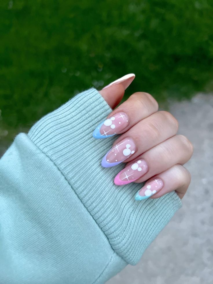 Pink And Purple Disney Nails, Acrylic Nails Disney Designs, Pink And Blue Disney Nails, Disney Blue Nails, Cool Nail Inspo Acrylic, Sleeping Beauty Inspired Nails, Disney Cinderella Nails, Disney Almond Nails Designs, Rainbow Disney Nails