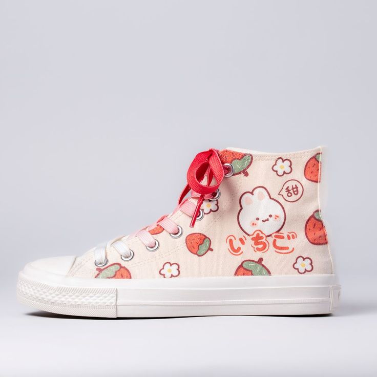 Features: Bring the cute to your outfit in these super adorable Kawaii Strawberry Bunny High-Top Canvas Shoes. These shoes are great for giving your casual wear that extra pop of kawaii personality. They make a great gift for anyone who loves adorable things, and are sure to be a hit! Made with high-quality canvas material to be both durable and comfortable to wear. The outsole material is made with rubber, giving it added protection against outside elements such as dirt and water. **These custo Casual Sneakers With Anime Print And Round Toe, Casual Sneakers With Anime Print, Cute Lace-up Canvas Shoes With White Sole, Cute Cartoon Print Sneakers For Streetwear, Cute White Sneakers With Cartoon Print, Cute Canvas Shoes With Round Toe For Streetwear, Casual Lace-up Sneakers With Anime Print, Casual White Sneakers With Cartoon Print, Kawaii Low-top Sneakers For Spring