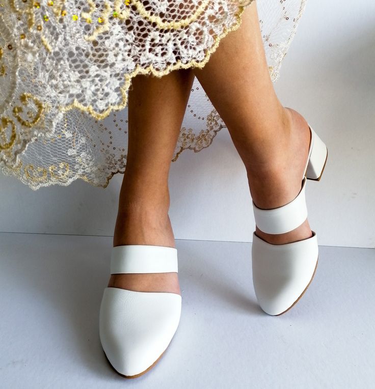 Wedding Mules, Block Heel Bridal Shoes, Handmade Wedding Favors, Wedding Shoes Block Heel, Pointed Mules, Leather Wedding Shoes, White Mules, Handmade Wedding Favours, Wedding Image