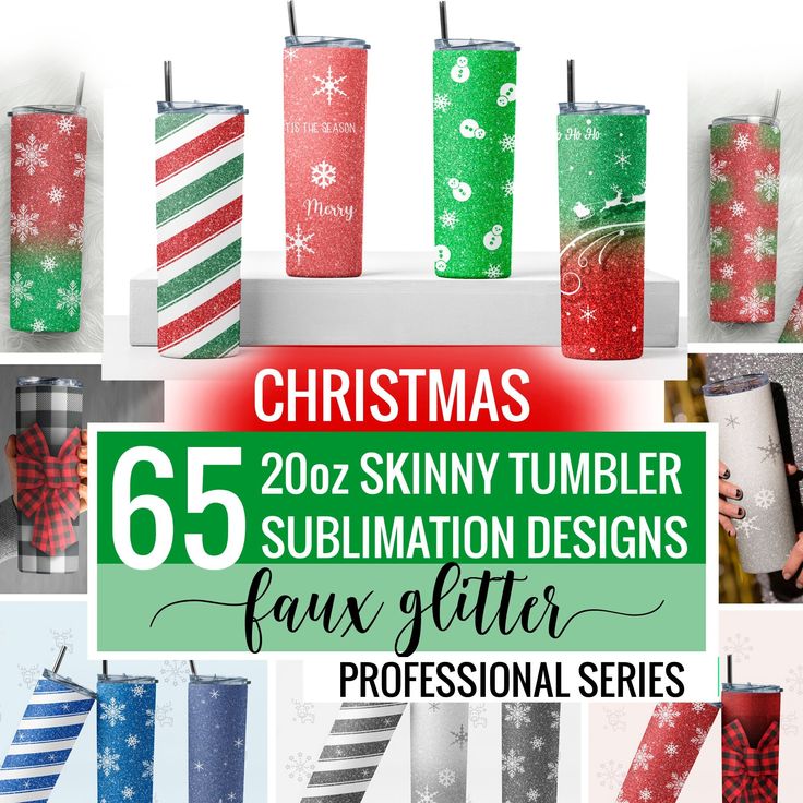 christmas candles are shown in different colors and sizes, with the words'65 skinnyy tumbler sublimation designs fax glitter professional series