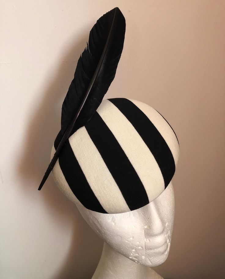 Black and Cream striped print Pillbox/ Cocktail hat with no feathers     Completely sewn and formed by hand using traditional Millinery techniques by myself.Also made with eco friendly recycled cotton buckram. If this hat is for Royal ascot let me know and I'll have your order rushed out to you. Sleek and simple goose feather detail available in many different colours.Contact me for details. It is attached with Millinery elastic which is easily adjusted. All feathers are slightly different.  Fea Modern Pillbox Hat, White Pillbox Hat, Cartwheel Hat, Hat With Feather, Classy Hats, Derby Hats Fascinators, Couture Hats, Hat Base, Goose Feather