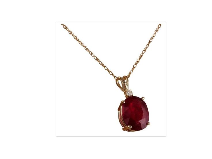 5.55Ct Natural Red Ruby and Diamond 14K Solid Yellow Gold Necklace Amazing looking piece! Stamped: 14K Suggested Replacement Value: $1,600 Natural Oval Cut Ruby Weights: 5.50 Carats Ruby Measures: 12 x 10mm Total Natural Round Diamond weights: 0.05 Carats (H / SI1) Total Chain Length is 18 inches Pendant measures: 22.3 x 9.77mm Total item weight is: 3 grams Disclaimer: all weights, measurements and colors are approximate and may vary slightly from the listed dimensions or as seen in the image. A Elegant Ruby Briolette Necklace, Elegant Red Diamond-cut Necklace, Elegant Red Diamond Cut Necklace, Elegant Red Diamond Cut Necklaces, Red Diamond-cut Necklace In Fine Jewelry Style, Formal Ruby Gemstone Necklace, Formal Ruby Gemstone Necklaces, Formal Red Diamond Necklace With 17 Jewels, Red Diamond Necklace For Formal Occasions