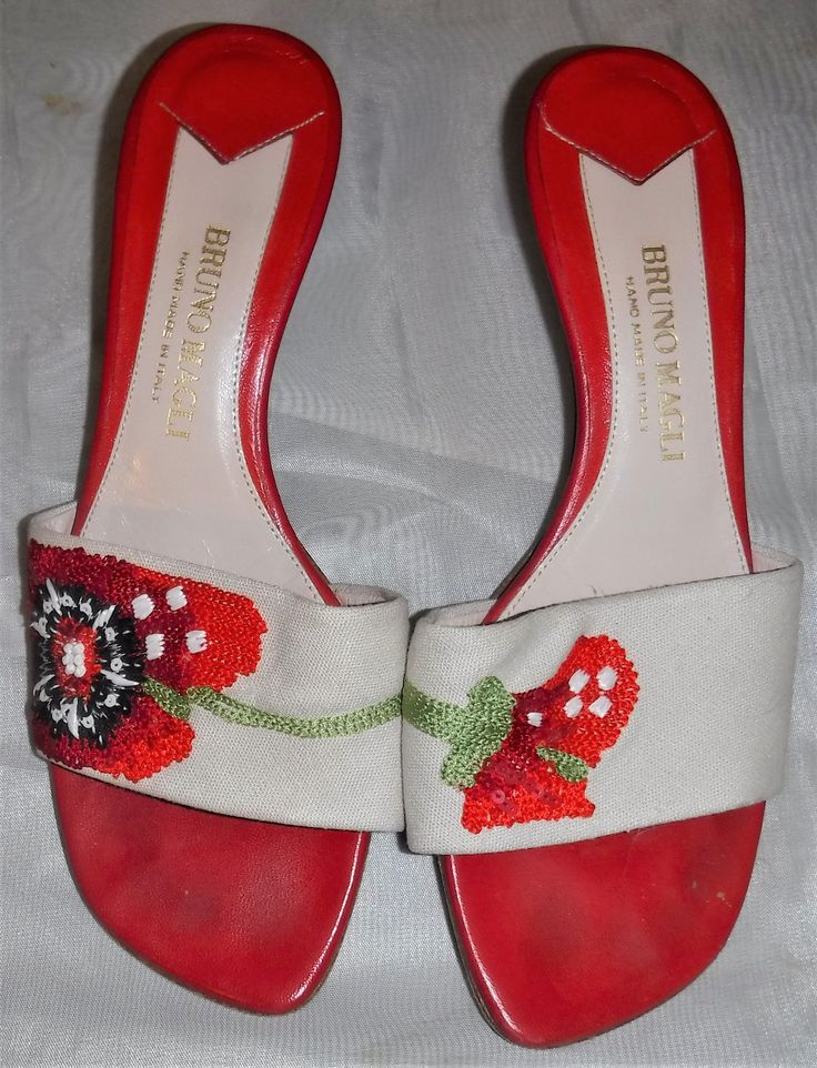 Vintage Bruno Magli Embroidered Poppy Slides Sandals Italy Size 36 1/2 European 6 US by ShonnasVintage on Etsy Embellished Leather Slip-on Sandals, Leather Embellished Low Heel Sandals, Spring Leather Sandals Embellished, Embellished Open Toe Mules For Summer, Spring Embellished Red Sandals, Red Embellished Sandals For Spring, Embellished Open Toe Mules For Spring, Spring Embellished Open Toe Mules, Red Almond Toe Sandals For Summer