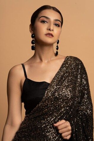 Black pre-draped saree with all over sequin embellishments. Paired with a padded blouse. - Aza Fashions Festive Pre-draped Saree For Party Season, Party Pre-draped Saree With Padded Blouse, Party Tops With Sequins And Traditional Drape, Evening Blouse With Sequins In Traditional Drape, Evening Blouse With Sequins And Traditional Drape, Traditional Drape Top With Mirror Work For Party, Sequin Blouse With Traditional Drape For Evening, Elegant Pre-draped Saree With Padded Blouse For Party, Party Tops With Mirror Work And Traditional Drape