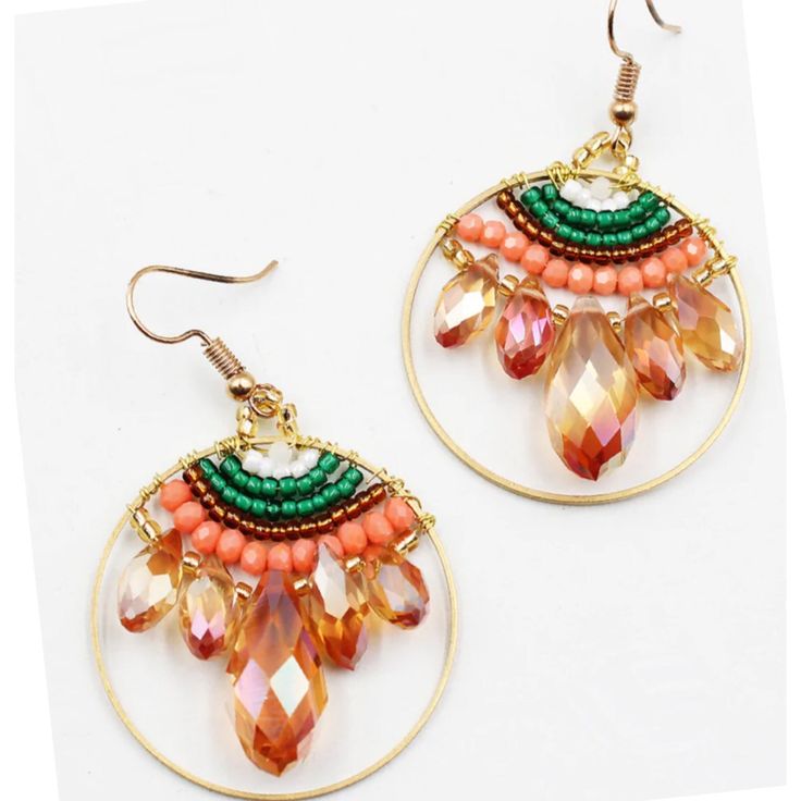 The Tones Of A Peachy Orange And A Rich Warm Green Invite Your Fashion Statement To Be Complete Wedding Bridal Date Night Office Ready Travel And Resort! Gift Worthy. Mother Of The Bride Wedding Shower Concert. Prom Party Concert Fashion Forward Statement Earrings Shower Concert, Frame Earrings, Wire Jewerly, Beaded Frame, Brighton Earrings, Bead Drop Earrings, Popular Earrings, Homemade Stuff, Peachy Orange