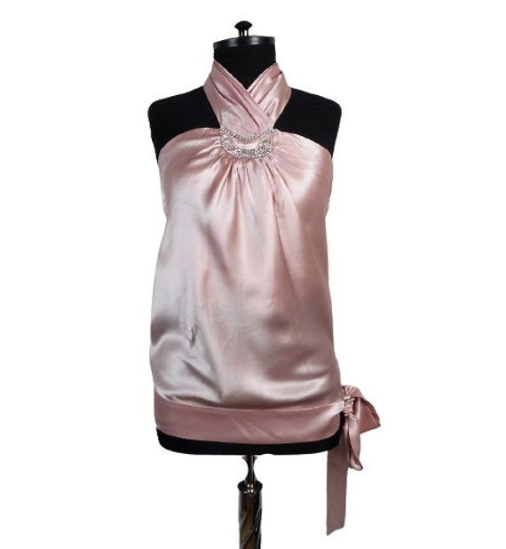 Luxury halter satin silk top by BSB with deep neckline in the back which is adapts to the figure, side ties fastening, the front is embellished with rhinestones. Composition - 100 % silk, marked size - S. The top in is great condition Elegant Tie-back Halter Top For Night Out, Elegant Tie Back Halter Top For Evening, Elegant Evening Halter Top With Tie Back, Elegant Silk Halter Top For Formal Occasions, Elegant Silk Halter Top For Formal Events, Elegant Fitted Silk Halter Top, Halter Neck Top With Tie Back For Evening, Satin Halter Neck Top For Night Out, Elegant Sleeveless Tie-back Halter Top