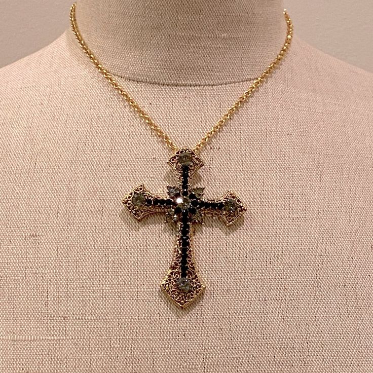 Beautiful Black Jewel Encrusted Cross On Gold Chain Which You Can Adjust The Length Condition New W Tags Womens Necklace Black Bling Jewelry For Gifts, Black Metal Necklace With Rhinestones, Black Jewelry With Rhinestones As A Gift, Black Costume Jewelry With Rhinestones, Black Rhinestone Costume Jewelry, Black Cross Pendant Chain Necklace, Black Rhinestone Costume Jewelry Necklace, Black Cross Pendant Clavicle Chain Jewelry, Black Cross Pendant Necklaces For Party