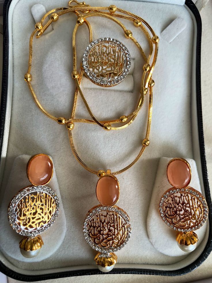 Beautiful   gold plated zircon stones kalma pendant locket set including earrings, rings with peach stones, big size pearl  and  30 inch long gold plated beaded chain. Perfect for gift. Pendant Locket, Earrings Rings, Pendant Set, Beaded Chain, Big Size, Locket, Jewelry Sets, Silver Gold, Gold Plate