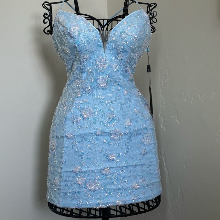 Nox Anabel C722 Size 4 Sky Blue Short Fitted Sequin Lace Homecoming Dress Backless Corset Cocktail Dress With Original Tag, Sparkly Sky Blue Dress Corset Cocktail Dress, Backless Corset, Sky Blue Dress, Dress Backless, Lace Homecoming Dresses, Book Decor, Homecoming Dress, Blue Shorts, Blue Dress